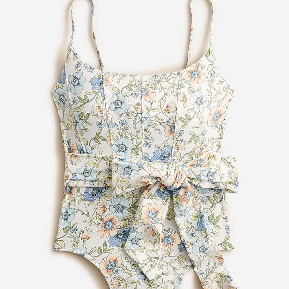 JCrew Topstitched tie-waist one-piece in floral vines